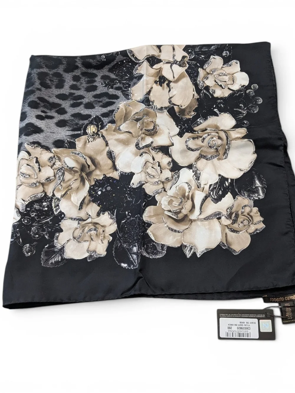 Roberto Cavalli Women's Black Floral 100% Silk Scarf Shawl NWT